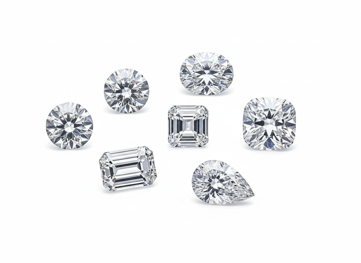 Loose natural diamonds in round, emerald, cushion, and pear cuts on a white background