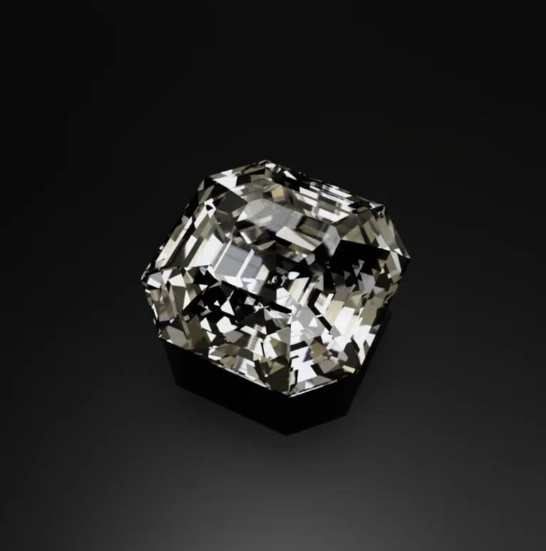Loose Asscher-cut diamond with clipped corners and geometric facets