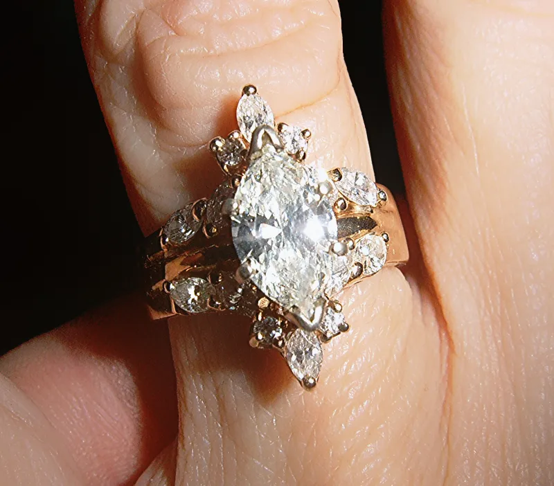 Marquise-cut diamond set in a ring, shown from above